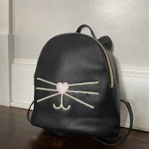 Kitty cat whisker heart nose w/ears faux black leather mini backpack